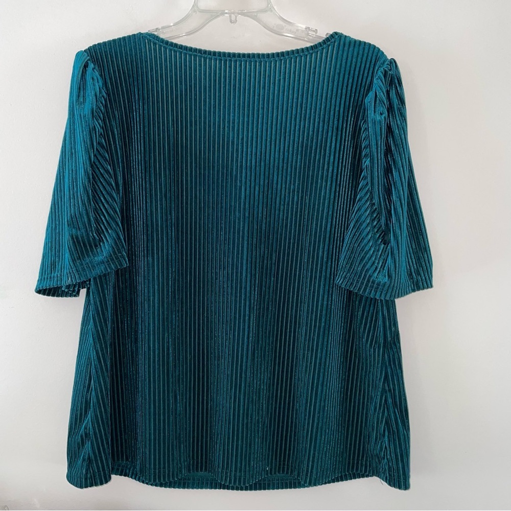 Shein Teal Green Velvet Burnout Stripes Women's Top with Puff Sleeve Size 2X - Picture 7 of 11